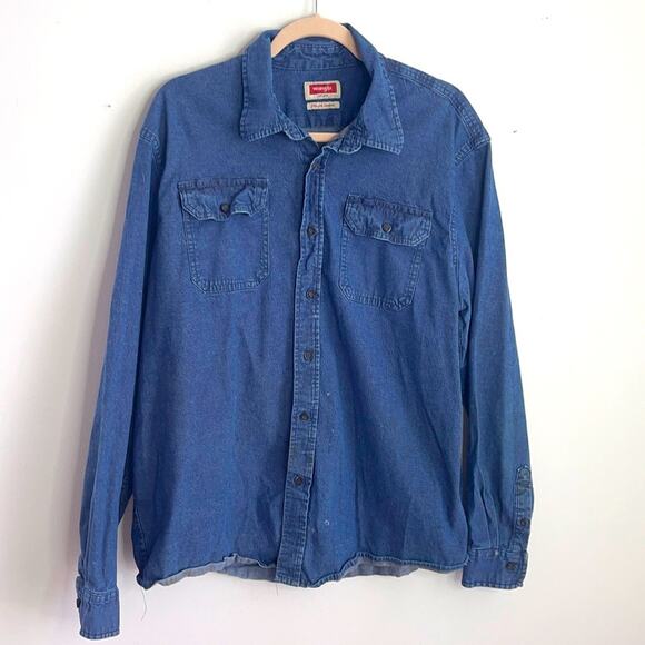 Vintage Wrangler distressed long sleeve denim button up shirt shacket XL - Picture 1 of 6